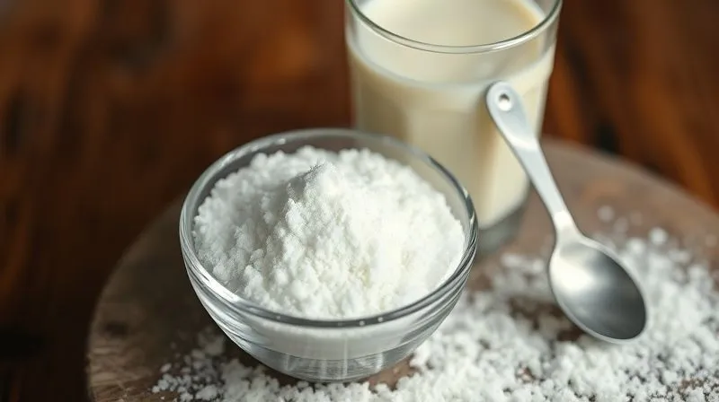Photorealistic close-up of a small bowl containing white powdered agar-agar next to a glass of plant-based milk, with a delicate measuring spoon, cinematic lighting, sharp focus on the textures, 8K hyper-detailed.