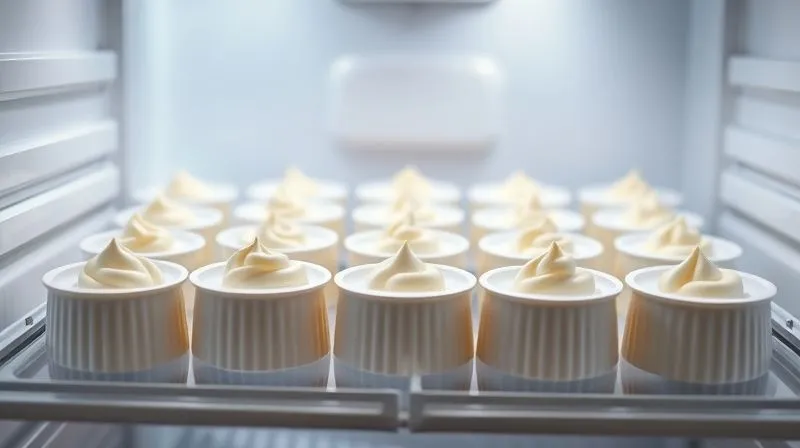 Photorealistic image of a row of delicate panna cotta molds chilling in a pristine, well-organized refrigerator, with soft, cool lighting emphasizing the anticipation of a perfectly set dessert, 8K hyper-detailed.