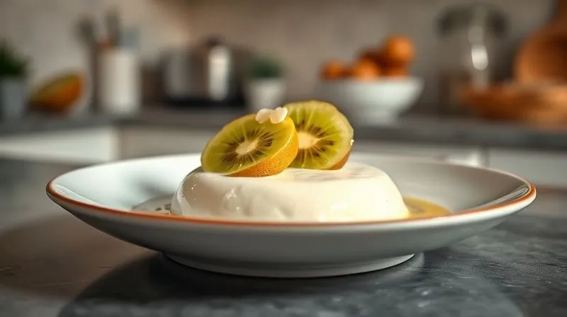 Photorealistic image of a beautifully plated, perfectly set panna cotta made with almond milk, topped with blanched kiwi slices, against a soft, blurred kitchen background, cinematic lighting, sharp focus on the dessert, 8K hyper-detailed.