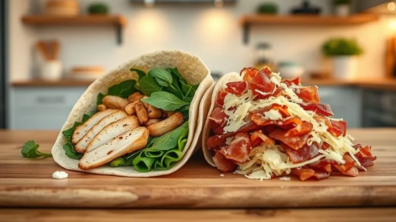 Photorealistic, professional photography, 8K, cinematic lighting, sharp focus, depth of field, shot on a high-end DSLR. A deconstructed full-grain wrap on a cutting board, with various ingredients laid out. On one side, a small portion of lean grilled chicken, a mountain of fresh spinach, and a tiny dollop of Greek yogurt sauce. On the other side, a large pile of fatty bacon, excessive grated cheese, and a generous pour of creamy ranch dressing, illustrating the contrast between healthy and calorie-dense choices. The background is a clean, modern kitchen.