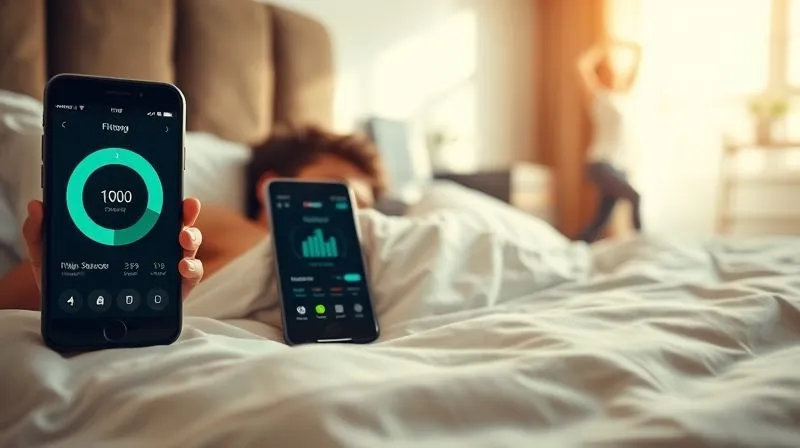 Photorealistic, professional photography, 8K, cinematic lighting, sharp focus, depth of field, shot on a high-end DSLR. A serene bedroom scene with soft, warm light, a person peacefully sleeping under a cozy duvet. In the foreground, a smartphone displaying a fitness tracker with a high sleep score. In the background, subtly blurred, a person stretching gently in a sunlit room, representing balanced lifestyle factors like sleep and gentle exercise contributing to well-being.