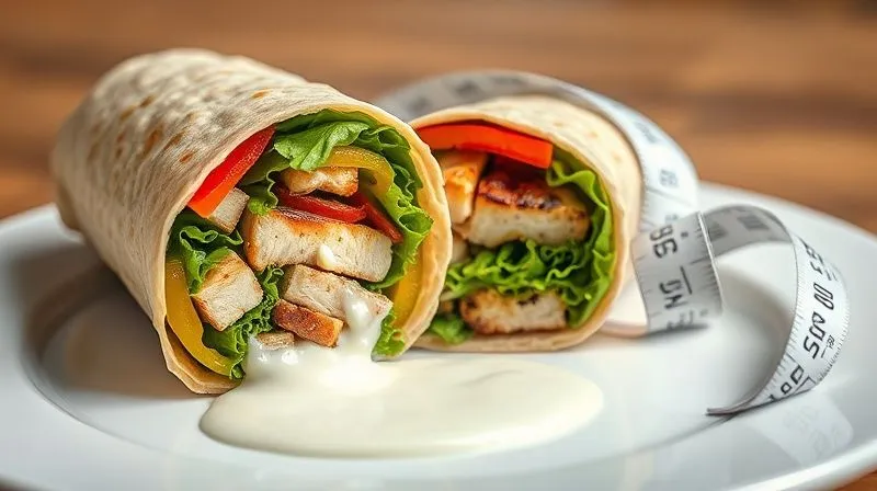 Photorealistic, professional photography, 8K, cinematic lighting, sharp focus, depth of field, shot on a high-end DSLR. A perfectly rolled, vibrant full-grain wrap, cut in half to reveal layers of lean grilled chicken, crisp green lettuce, colorful bell peppers, and a light yogurt-based sauce. It's presented on a minimalist white plate, with a measuring tape subtly draped around it, symbolizing controlled portions and healthy eating for weight loss. The lighting is bright and inviting.