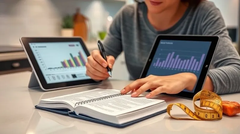 Photorealistic, professional photography, 8K, cinematic lighting, sharp focus, depth of field, shot on a high-end DSLR. A person thoughtfully writing in a sleek, open food journal on a modern kitchen counter, with a healthy, colorful meal (not a wrap) in the background. A tablet shows a graph of weight loss progress, and a tape measure is visible nearby, symbolizing comprehensive tracking and self-awareness in a weight loss journey.