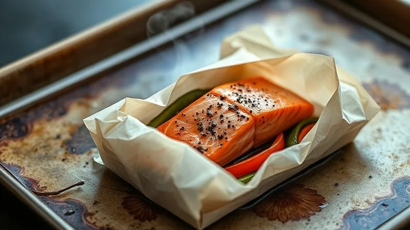 photorealistic, professional photography, 8K, cinematic lighting, sharp focus, depth of field, shot on a high-end DSLR. A perfectly sealed parchment paper packet (papillote) with visible steam escaping slightly from the top, placed on a baking sheet, hinting at the juicy salmon and vegetables inside. The scene evokes freshness and healthy cooking.
