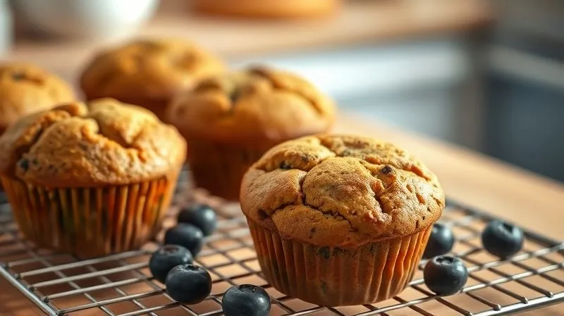 Photorealistic, professional photography, 8K, cinematic lighting, sharp focus, depth of field, shot on a high-end DSLR. A close-up shot of a set of perfectly baked, golden-brown protein muffins cooling on a wire rack, with a few fresh blueberries scattered around. The muffins are plump and inviting, with a slightly cracked top indicating a soft interior. Warm, inviting light emphasizes their texture and freshness, against a blurred, clean kitchen background.