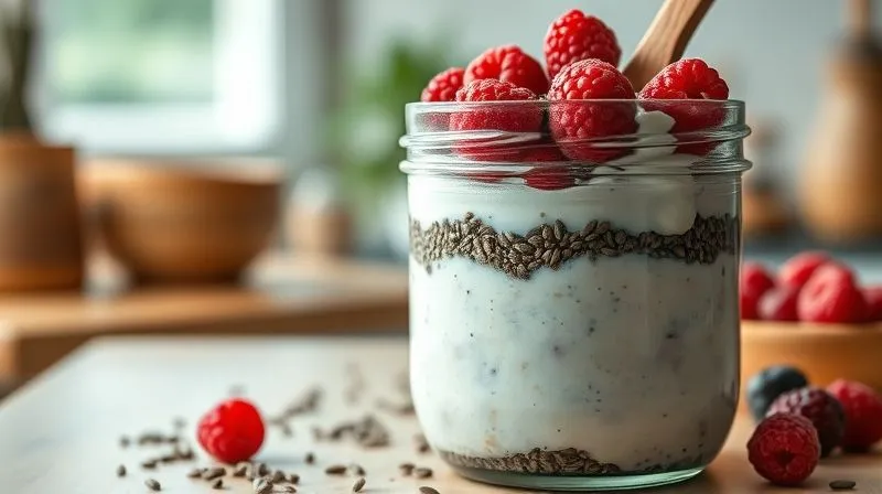 A photorealistic, professional photography, 8K, cinematic lighting, sharp focus, depth of field, shot on a high-end DSLR of a clear glass jar filled with a vibrant, layered protein pudding. The top layer features a generous sprinkle of chia seeds and flax seeds, mixed with fresh raspberries. The bottom layer is a creamy, light-colored protein pudding. A rustic wooden spoon is partially submerged, inviting consumption. The background is a soft, natural daylight kitchen setting, emphasizing health and natural ingredients.
