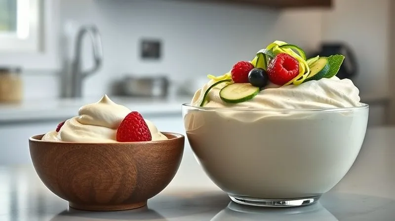 A photorealistic, professional photography, 8K, cinematic lighting, sharp focus, depth of field, shot on a high-end DSLR showing two contrasting bowls of protein pudding. One bowl is small and dense, while the other is significantly larger and filled with a lighter, more voluminous pudding incorporating whipped protein, ice, and finely shredded zucchini, garnished with a few berries. The larger bowl visually emphasizes satiety and abundance, while the smaller one looks less fulfilling. The background is a clean kitchen counter, highlighting the visual difference.
