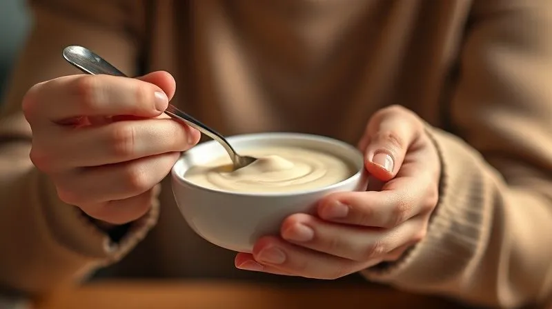 A photorealistic, professional photography, 8K, cinematic lighting, sharp focus, depth of field, shot on a high-end DSLR of a person's hands gently holding a small, elegant bowl of protein pudding. The person is looking at the pudding with a calm, focused expression, perhaps taking a slow, appreciative spoonful. The lighting is soft and warm, creating a serene atmosphere, suggesting mindful eating and appreciation for food. The background is blurred, focusing solely on the interaction with the meal.