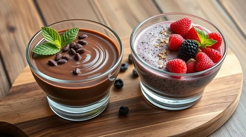 A photorealistic, professional photography, 8K, cinematic lighting, sharp focus, depth of field, shot on a high-end DSLR of two beautifully arranged protein puddings in elegant glass bowls on a rustic wooden board. One pudding is rich chocolate-avocado, garnished with cacao nibs and a mint leaf. The other is a vibrant berry-chia pudding, topped with fresh mixed berries and a sprinkle of chopped nuts. The composition is artful and appetizing, emphasizing the deliciousness and health benefits of the recipes. Soft, natural light illuminates the scene, enhancing the textures and colors.