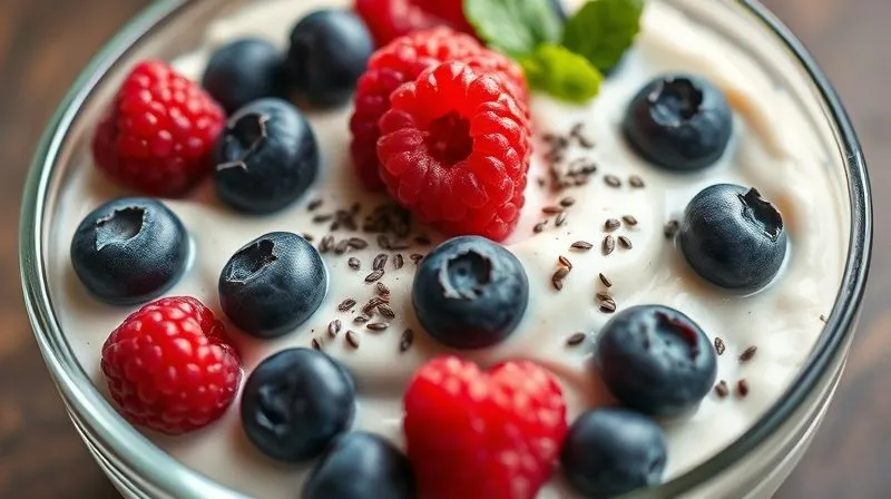 A vibrant, photorealistic close-up of a glass bowl filled with a creamy protein pudding, topped with plump blueberries, raspberries, and a sprinkle of chia seeds. The texture is rich and inviting, with soft, natural light highlighting the fresh ingredients, sharp focus on the toppings, depth of field blurring the background, 8K hyper-detailed, professional photography, cinematic lighting, shot on a high-end DSLR.