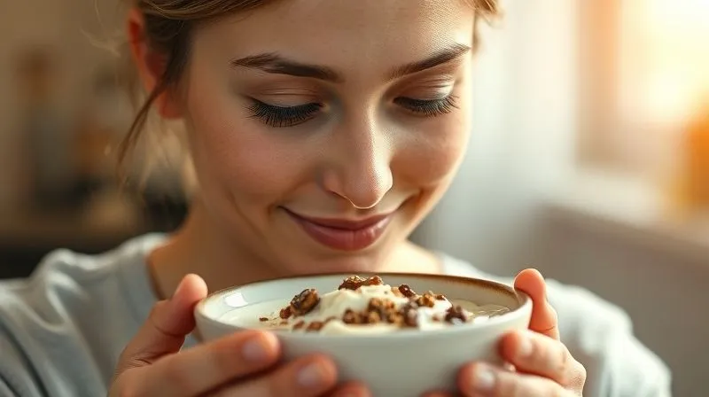 A photorealistic image of a person mindfully enjoying a bowl of protein pudding, with a soft, warm light illuminating their face. Their eyes are focused on the food, a gentle smile suggests satisfaction. The background is slightly blurred, creating a peaceful, focused atmosphere. Sharp focus on the person and the bowl, depth of field, 8K hyper-detailed, professional photography, cinematic lighting, shot on a high-end DSLR.
