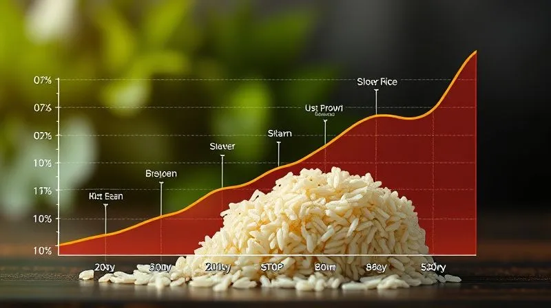 Photorealistic, professional photography, 8K, cinematic lighting, sharp focus, depth of field, shot on a high-end DSLR. A stylized graphic illustrating the concept of glycemic index, with different foods represented by rising and falling energy lines, emphasizing the slower release for brown rice, but with a subtle warning sign, perhaps a small, subtle "STOP" symbol over a high peak.