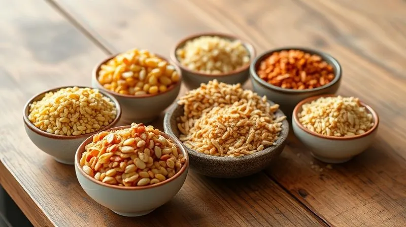 Photorealistic, professional photography, 8K, cinematic lighting, sharp focus, depth of field, shot on a high-end DSLR. A vibrant, colorful collection of gluten-free grains and pseudo-grains in small, elegant ceramic bowls – quinoa, millet, buckwheat, amaranth, and brown rice – arranged aesthetically on a wooden table, symbolizing dietary variety and abundance. Soft, natural light.