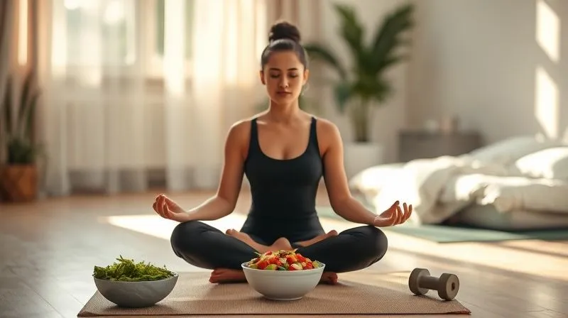 Photorealistic, professional photography, 8K, cinematic lighting, sharp focus, depth of field, shot on a high-end DSLR. A serene image of a person meditating in a peaceful, sunlit room, with subtle representations of healthy food (a bowl of colorful salad), a comfortable bed, and light exercise equipment (yoga mat, small dumbbell) in the background, all blurred, emphasizing holistic well-being and balance. Soft, warm light.