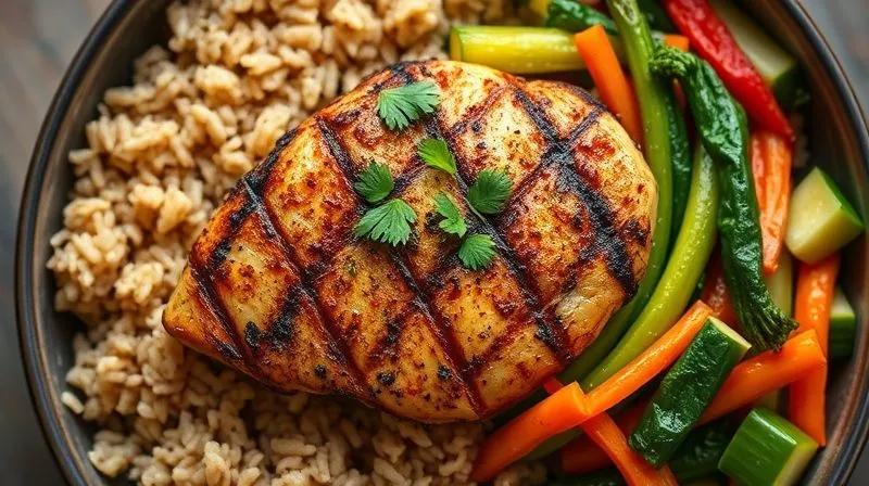 A close-up, top-down shot of a vibrant, healthy meal featuring brown rice, grilled chicken breast, and colorful steamed vegetables, emphasizing freshness and balance. Photorealistic, professional photography, 8K, cinematic lighting, sharp focus, depth of field, shot on a high-end DSLR.