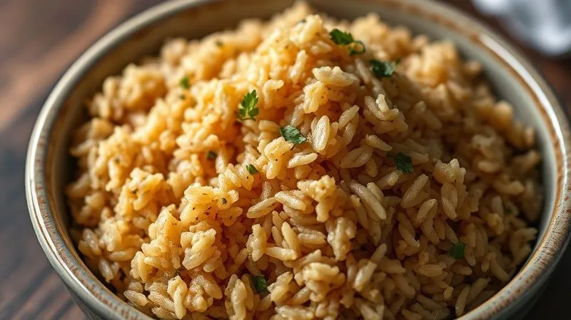 A professional, close-up shot of perfectly cooked fluffy brown rice in a ceramic bowl, garnished with fresh herbs, with a subtle steam effect. Photorealistic, professional photography, 8K, cinematic lighting, sharp focus, depth of field, shot on a high-end DSLR.