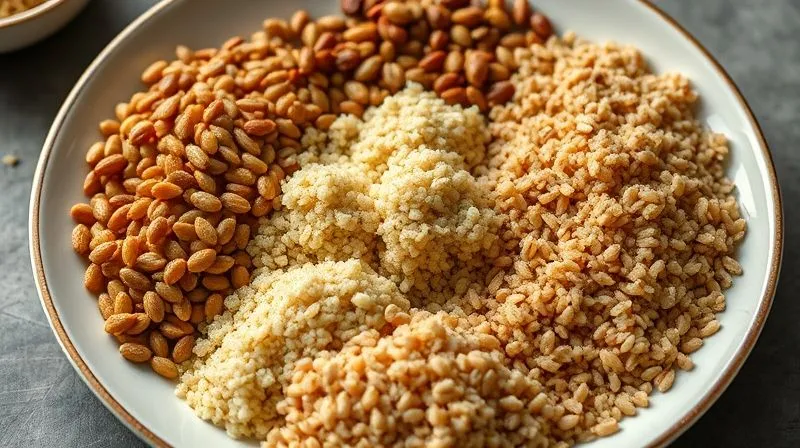 An artfully arranged plate showcasing a variety of healthy grains and legumes (quinoa, lentils, brown rice, bulgur) in separate, small portions, demonstrating diverse healthy carbohydrate sources. Photorealistic, professional photography, 8K, cinematic lighting, sharp focus, depth of field, shot on a high-end DSLR.