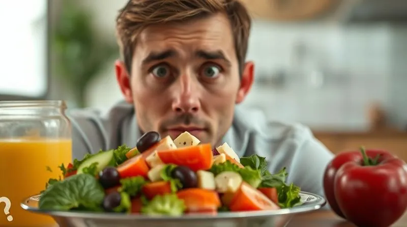 Photorealistic image of a person looking confused at a breakfast salad that looks healthy but has a sad, empty feeling, with a question mark subtly integrated into the background, cinematic lighting, sharp focus on the salad, depth of field, 8K hyper-detailed, professional photography.