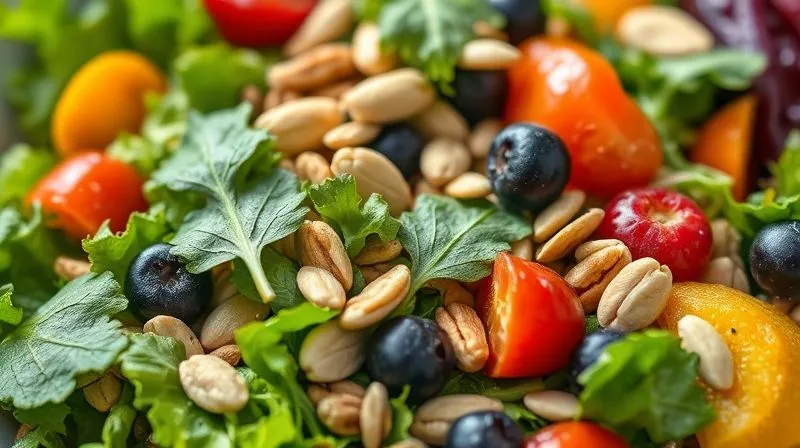 A vibrant, close-up shot of a diverse breakfast salad emphasizing texture and color, with various leafy greens, colorful vegetables, berries, nuts, and seeds, suggesting a rich source of fiber, photorealistic, professional photography, 8K, cinematic lighting, sharp focus, depth of field.