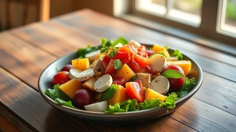 A beautifully arranged, gourmet breakfast salad with a variety of colorful ingredients, artfully plated on a rustic wooden table, with soft morning light illuminating the scene, photorealistic, professional photography, 8K, cinematic lighting, sharp focus, depth of field.