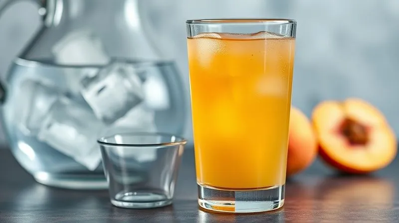 Photorealistic, professional photography, 8K, cinematic lighting, sharp focus, depth of field. A clear glass of peach juice, half-filled, next to a pitcher of water and a few ice cubes, suggesting dilution. A small, precise measuring cup is visible.