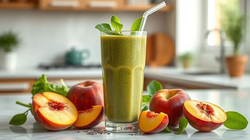 Photorealistic, professional photography, 8K, cinematic lighting, sharp focus, depth of field. A vibrant, healthy smoothie in a tall glass with a straw, ingredients like spinach, chia seeds, and sliced peaches artfully arranged around it. The background is a clean, modern kitchen counter, with a subtle glow from natural light.