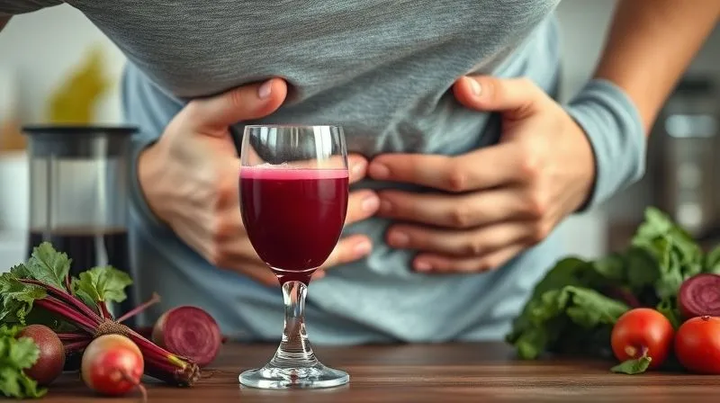 A photorealistic, professional photography image showing a person gently touching their stomach in discomfort after drinking a glass of beetroot juice, with fresh beetroots and a juicer in the soft-focus background. The mood is slightly frustrated but hopeful for a solution. 8K, cinematic lighting, sharp focus on the person and the glass, depth of field. Shot on a high-end DSLR.