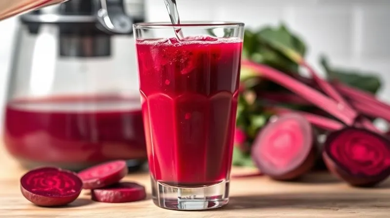A photorealistic, professional photography image of a glass of freshly made beetroot juice being slowly diluted with water from a clear pitcher, with a subtle steam effect suggesting room temperature. In the background, peeled beetroots are neatly arranged next to a juicer. 8K, cinematic lighting, sharp focus on the dilution process, depth of field. Shot on a high-end DSLR.