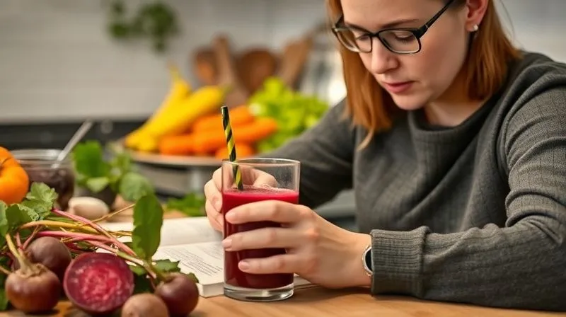 A photorealistic, professional photography image of a person writing in a health journal, with a glass of beetroot juice and a variety of fresh vegetables on a kitchen counter in the background. The focus is on the journal and the thoughtful expression of the person. 8K, cinematic lighting, sharp focus on the journal, depth of field. Shot on a high-end DSLR.