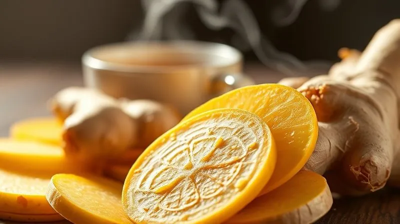 Photorealistic, professional photography, 8K, cinematic lighting, sharp focus, depth of field, shot on a high-end DSLR. A close-up of fresh ginger root, thinly sliced, with steam gently rising from a small cup of ginger tea in the background, symbolizing its warming and metabolic effects. The light is soft and inviting, emphasizing natural health.