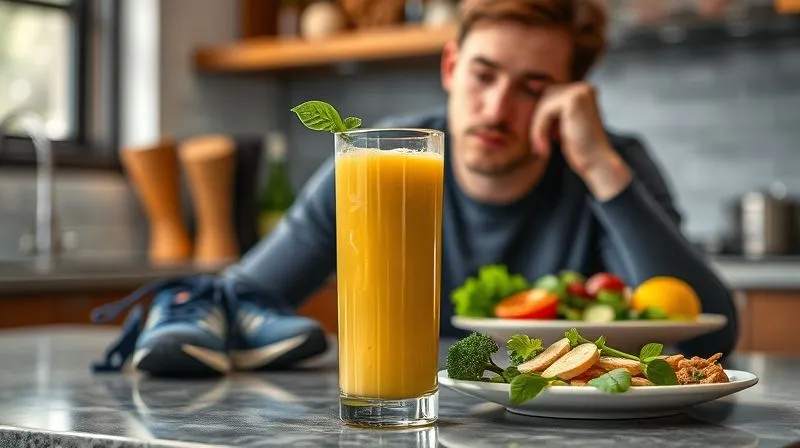 Photorealistic, professional photography, 8K, cinematic lighting, sharp focus, depth of field, shot on a high-end DSLR. A person thoughtfully looking at a glass of ginger juice on a kitchen counter, with a blurred background showing a balanced plate of healthy food and a pair of running shoes, symbolizing a holistic approach to wellness and weight loss.