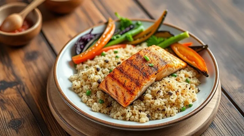 Photorealistic, professional photography, 8K, cinematic lighting, sharp focus, depth of field, shot on a high-end DSLR. A vibrant, colorful plate of a balanced meal with grilled salmon, quinoa, and a variety of fresh steamed vegetables, beautifully arranged on a rustic wooden table, emphasizing healthy eating.
