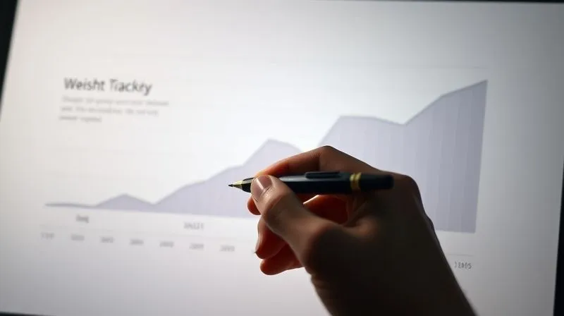 Photorealistic, professional photography, 8K, cinematic lighting, sharp focus, depth of field, shot on a high-end DSLR. A hand holding a pen, marking progress on a beautifully designed, minimalist weight loss tracker chart. The chart shows a gradual downward trend, with small victories highlighted. Soft, encouraging lighting, symbolizing sustained effort and positive results.