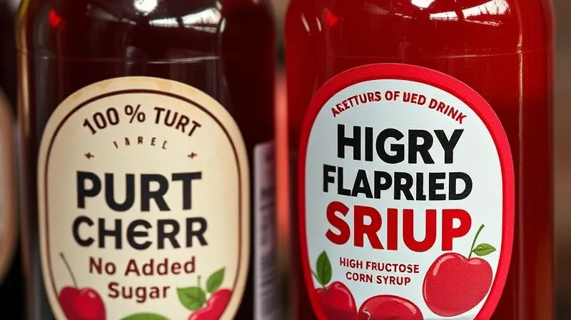 A photorealistic close-up of two labels on cherry juice bottles: one showing '100% Pure Tart Cherry Juice, No Added Sugar' with natural, rustic aesthetic, and the other showing 'Cherry Flavored Drink, High Fructose Corn Syrup' with artificial, brightly colored design. Cinematic lighting, sharp focus on the labels, depth of field, 8K hyper-detailed, professional photography, shot on a high-end DSLR.