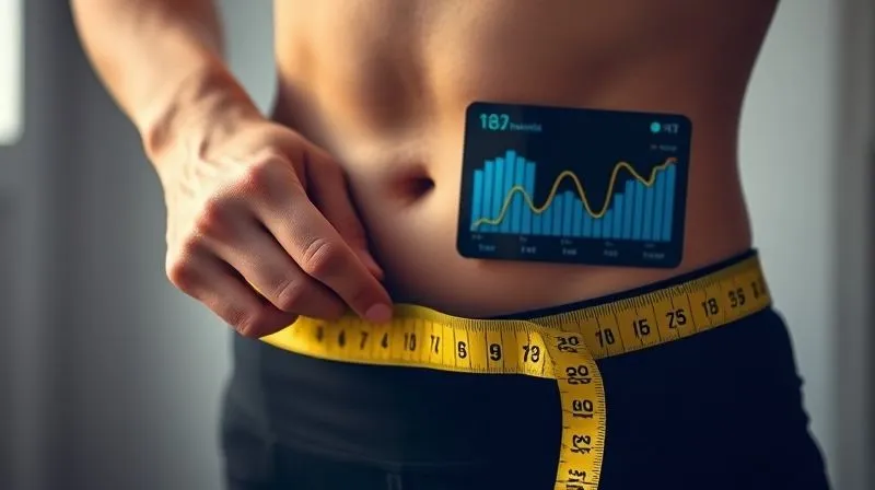 A photorealistic image of a person's hand holding a measuring tape around their waist, with a blurred background of a fitness tracker showing progress graphs. Cinematic lighting, sharp focus on the measuring tape and hand, depth of field, 8K hyper-detailed, professional photography, shot on a high-end DSLR.