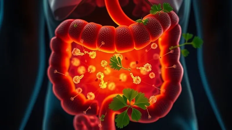 Photorealistic, professional photography, 8K, cinematic lighting, sharp focus, depth of field, shot on a high-end DSLR, showing a cross-section of the human gut with abstract, glowing representations of beneficial and problematic bacteria, with a subtle overlay of parsley leaves, symbolizing the interaction between diet and gut microbiome, in a scientific yet visually appealing manner.