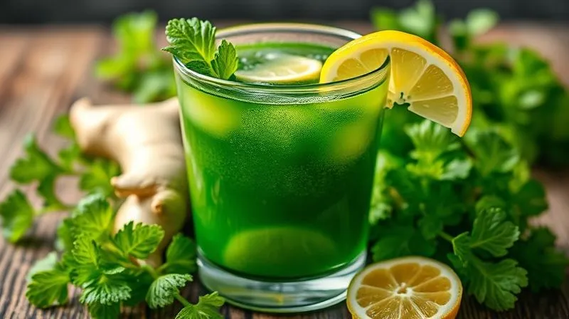 Photorealistic, professional photography, 8K, cinematic lighting, sharp focus, depth of field, shot on a high-end DSLR, displaying a vibrant green parsley juice with slices of fresh ginger, mint leaves, and a lemon wedge artfully arranged around the glass, emphasizing natural digestive aids and a refreshing feel.