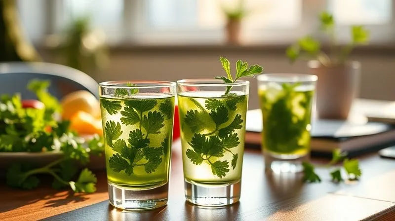 Photorealistic, professional photography, 8K, cinematic lighting, sharp focus, depth of field, shot on a high-end DSLR, showing two small, elegant glasses of parsley juice, one placed next to a light breakfast on a sunny morning, and the other on an office desk in the afternoon, illustrating the concept of small, frequent portions throughout the day.