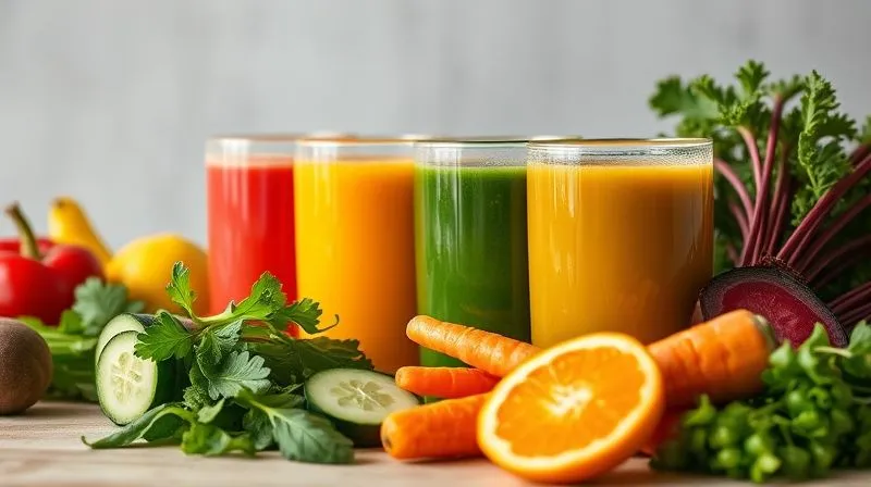 Photorealistic, professional photography, 8K, cinematic lighting, sharp focus, depth of field, shot on a high-end DSLR, showing a variety of colorful, freshly prepared vegetable juices (cucumber, celery, spinach, carrot, beet) arranged aesthetically, with a gentle, inviting light, symbolizing healthy and delicious alternatives for digestive comfort.