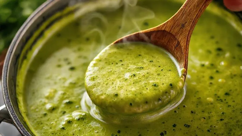 Photorealistic, professional photography, 8K, cinematic lighting, sharp focus, depth of field, shot on a high-end DSLR. A hand holding a wooden spoon stirring a creamy, vibrant green sauce in a saucepan, made with blended vegetables and herbs. The texture is rich and smooth, with steam rising gently, emphasizing freshness and natural ingredients.