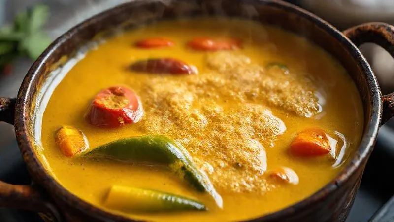 Photorealistic, professional photography, 8K, cinematic lighting, sharp focus, depth of field, shot on a high-end DSLR. A close-up of a vibrant yellow curry sauce bubbling gently in a rustic pot, filled with colorful vegetables like red bell peppers, green zucchini, and carrots. Steam rises, suggesting warmth and rich aroma.