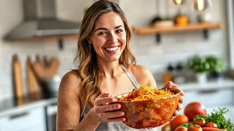 Photorealistic, professional photography, 8K, cinematic lighting, sharp focus, depth of field, shot on a high-end DSLR. A smiling, fit woman in a bright, modern kitchen, happily enjoying a vibrant bowl of kasza with a colorful, aromatic sauce, with fresh vegetables and herbs around. Her expression conveys satisfaction and well-being, symbolizing the joy of healthy eating.