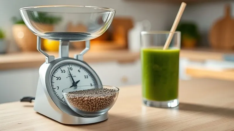 A photorealistic close-up of a kitchen scale weighing a small bowl of chia seeds next to a vibrant green smoothie, with a blurred background of a modern, clean kitchen. The focus is on precision and control over ingredients. professional photography, 8K, cinematic lighting, sharp focus, depth of field, shot on a high-end DSLR.