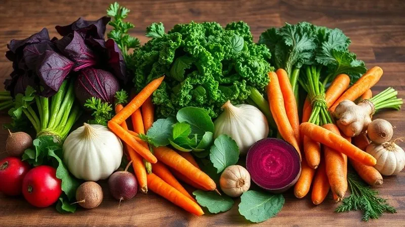A vibrant, colourful array of fresh, diverse vegetables meticulously arranged on a rustic wooden table, ready for blending. Include spinach, kale, beetroots, carrots, celery, and ginger. The composition should be artful and inviting, emphasizing freshness and variety. professional photography, 8K, cinematic lighting, sharp focus, depth of field, shot on a high-end DSLR.