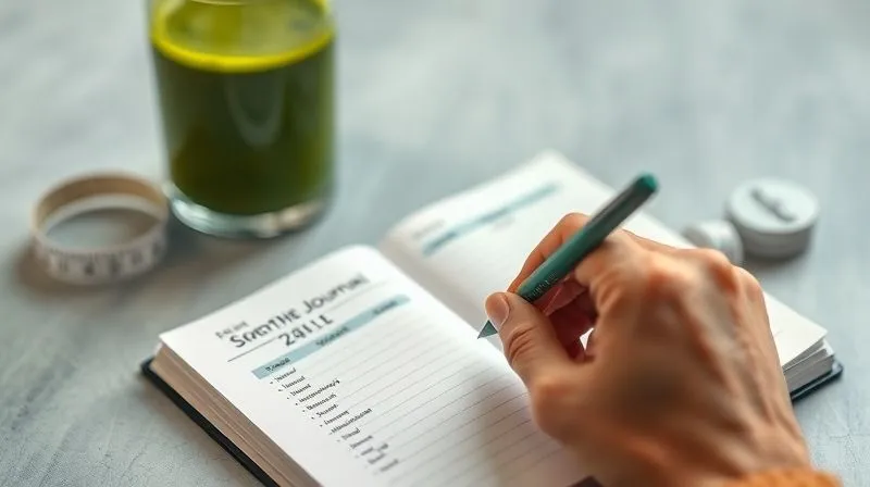 A photorealistic image of a person's hand meticulously writing down smoothie ingredients and daily weight in a sleek, minimalist journal. A glass of green smoothie and a small measuring tape are subtly visible in the background, out of focus. The scene conveys dedication and attention to detail in tracking progress. professional photography, 8K, cinematic lighting, sharp focus on the hand and journal, depth of field, shot on a high-end DSLR.