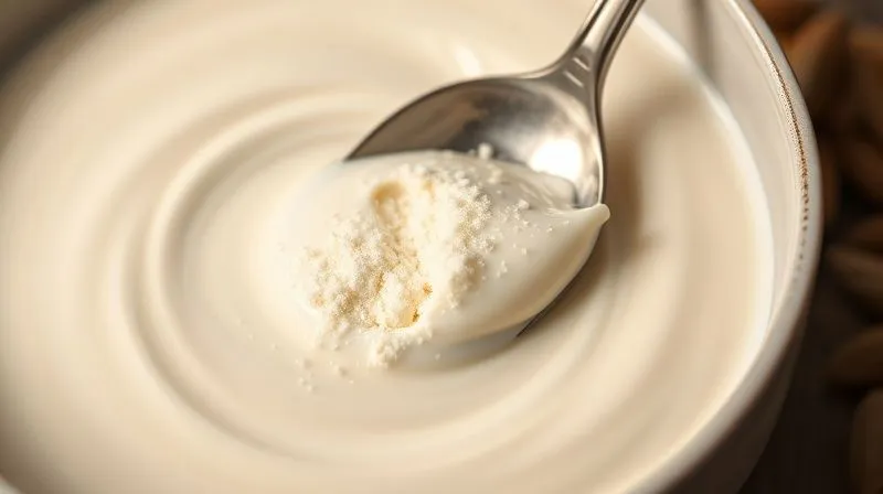 A close-up, photorealistic, professional photography, 8K image of a creamy vegan yogurt bowl being stirred with a spoon, showing a scoop of white protein powder being incorporated. The yogurt is light in color, perhaps almond or soy based, with a smooth texture. Cinematic lighting highlights the movement and texture, sharp focus on the spoon and mixing action, depth of field blurring the background. Shot on a high-end DSLR.