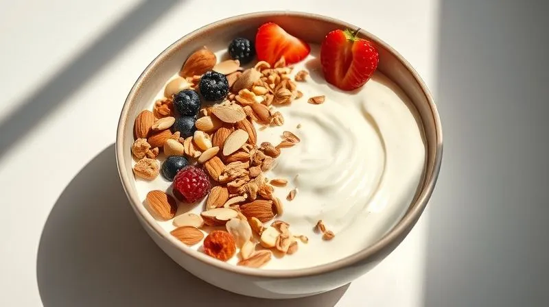 A vibrant, photorealistic, professional photography, 8K image of a perfectly composed vegan yogurt bowl. It features creamy yogurt topped with a generous sprinkle of mixed nuts (almonds, walnuts) and seeds (pumpkin, sunflower), along with fresh berries. The bowl is placed on a light, minimalist surface, with cinematic natural light casting soft shadows. Sharp focus on the textures of the toppings, with a gentle depth of field. Shot on a high-end DSLR.
