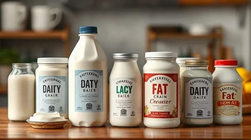 A photorealistic image of a kitchen counter with various dairy and plant-based creams, some with high-fat content and others with low-fat alternatives, clearly contrasting their caloric density, cinematic lighting, sharp focus on the labels, depth of field blurring the background, 8K hyper-detailed, shot on a high-end DSLR.