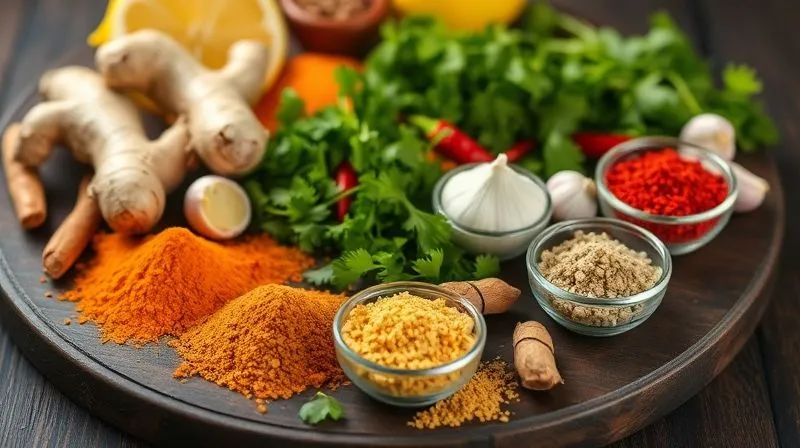 A photorealistic image of a vibrant array of fresh spices and herbs (ginger, turmeric, cumin, cilantro, chili, garlic, parsley, lemon) artfully arranged on a dark wooden board, with small bowls of ground spices, cinematic lighting, sharp focus on the textures and colors, depth of field blurring the background, 8K hyper-detailed, shot on a high-end DSLR.