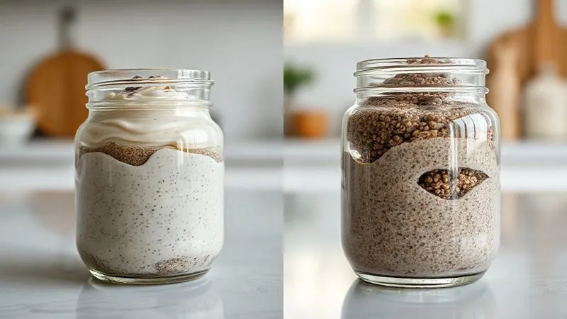 A side-by-side comparison, photorealistic, professional photography, 8K, cinematic lighting, sharp focus, depth of field. On the left, a glass jar with a perfectly creamy, well-set chia pudding. On the right, a glass jar with a very dense, almost solid, clumpy chia pudding, and another one with a watery, separated chia pudding. All on a clean, minimalist kitchen counter with natural light.